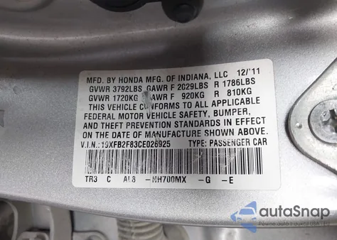 2012 Honda Civic Ex из США, поврежденный, VIN 19XFB2F83CE026925